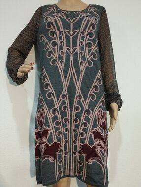 Gray Knit Long-Sleeve Dress with Pink Floral Motif